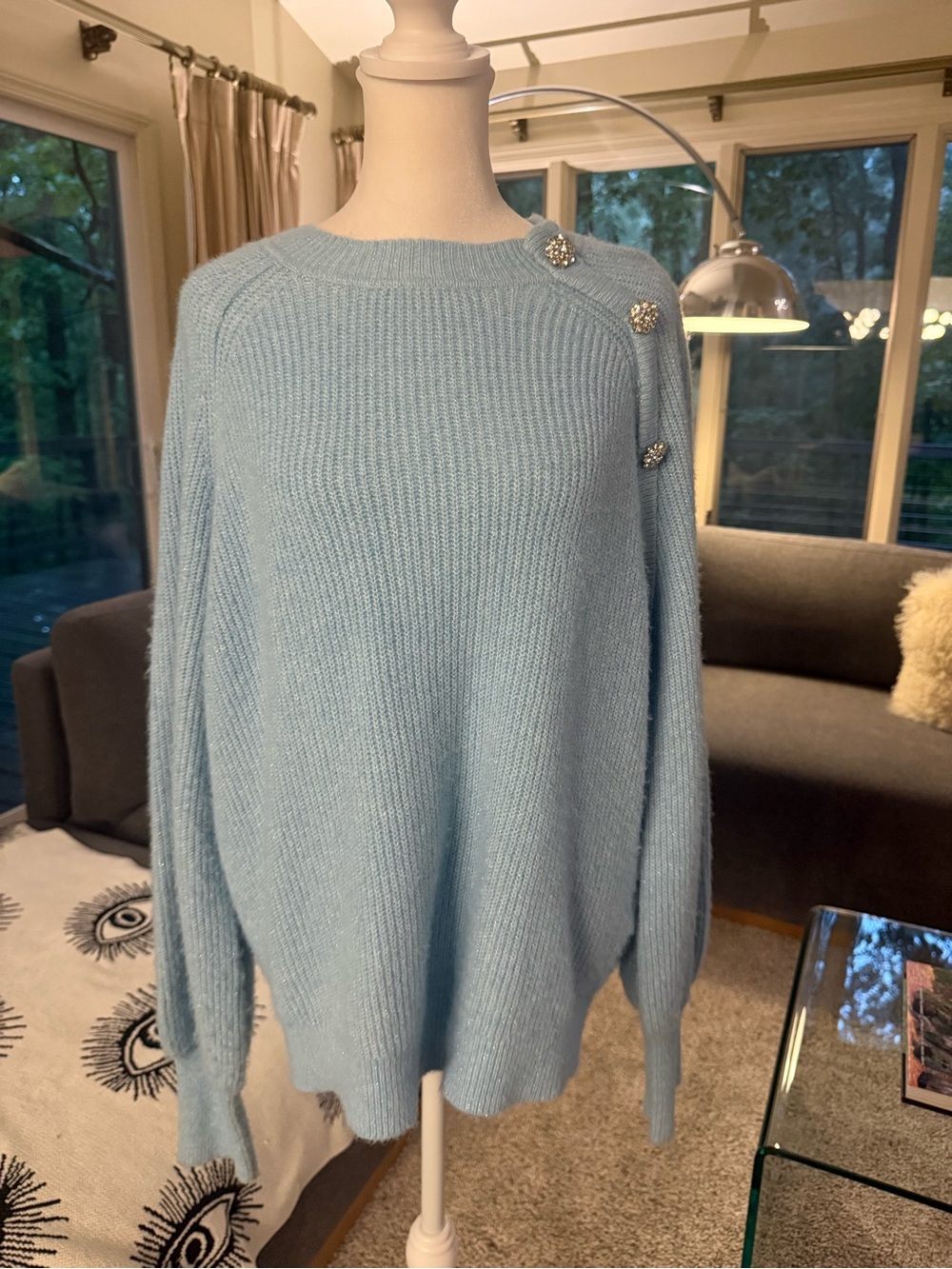 ON 34th Women's Light Blue Crewneck Sweater with Decorative Rhinestone Buttons